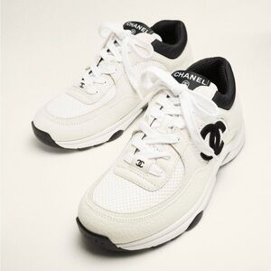 Chanel Trainers Sneakers Shoes White Black 36.5 Mesh Suede Leather